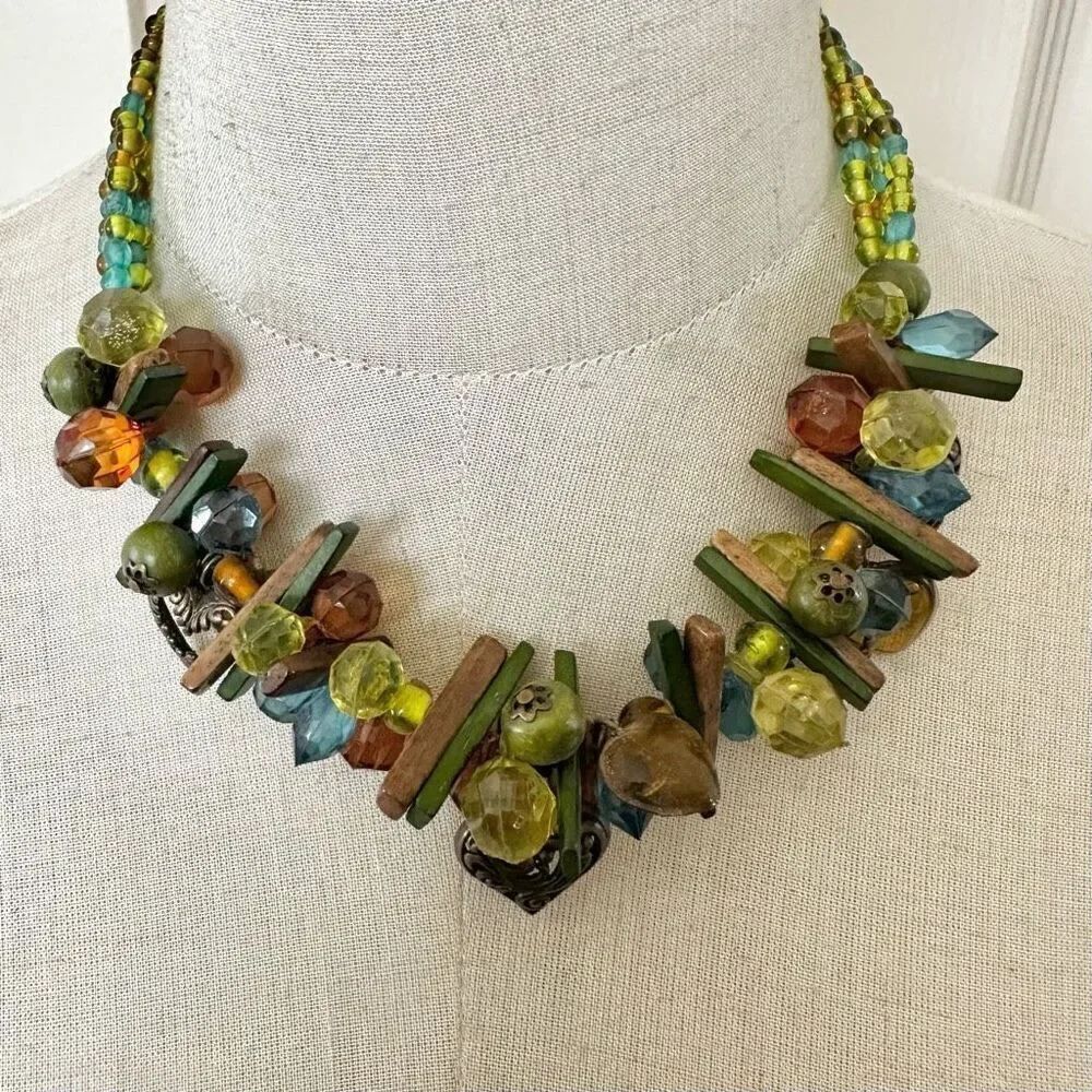 Green and blue beaded heart statement necklace